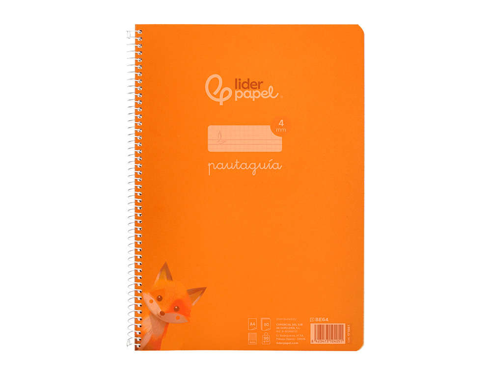 CUADERNO ESPIRAL LIDERPAPEL A4 PAUTAGUIA TAPA PLASTICO 80H 90GR CUADRO PAUTADO 4MM CON MARGEN COLOR NARANJA