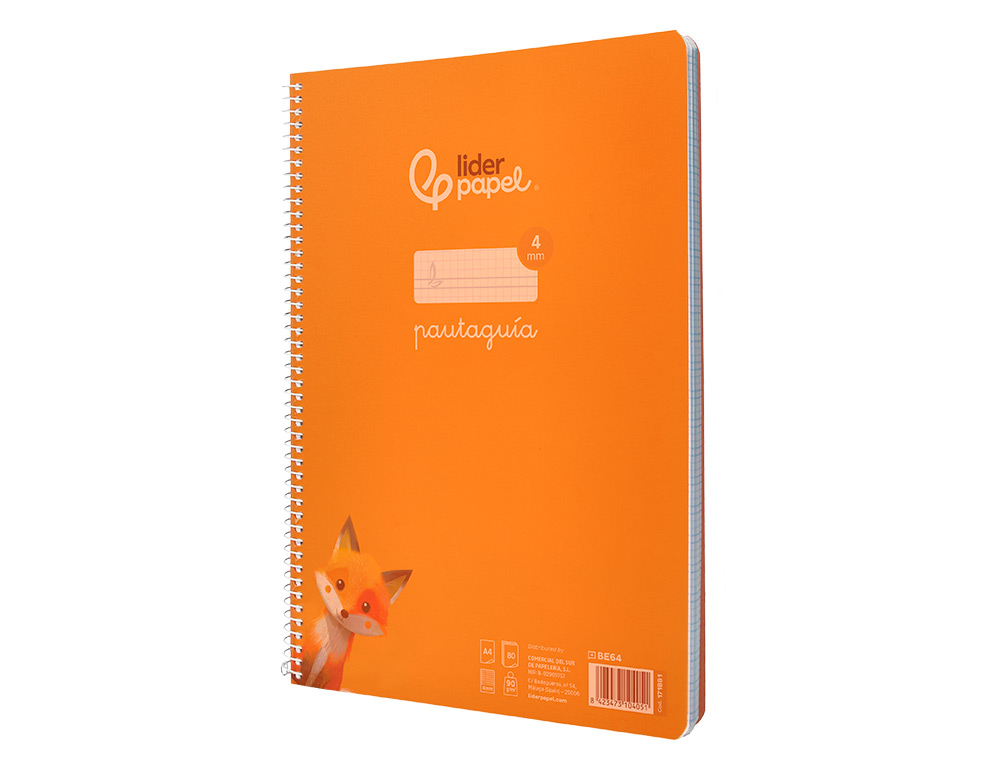 CUADERNO ESPIRAL LIDERPAPEL A4 PAUTAGUIA TAPA PLASTICO 80H 90GR CUADRO PAUTADO 4MM CON MARGEN COLOR NARANJA