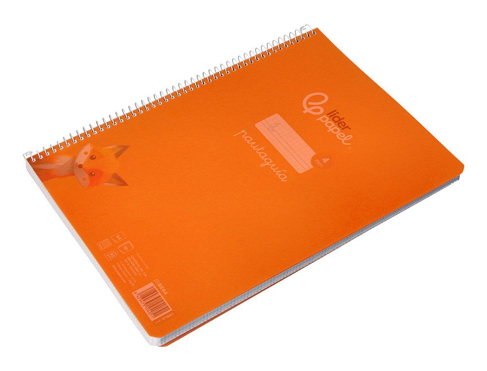 CUADERNO ESPIRAL LIDERPAPEL A4 PAUTAGUIA TAPA PLASTICO 80H 90GR CUADRO PAUTADO 4MM CON MARGEN COLOR NARANJA