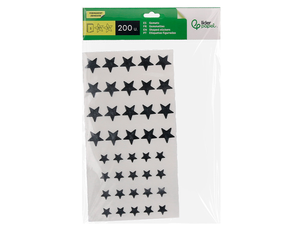 GOMETS LIDERPAPEL AUTOADHESIVO ESTRELLAS PLATEADAS SURTIDAS BOLSA DE 5 HOJAS CON 200 UNIDADES