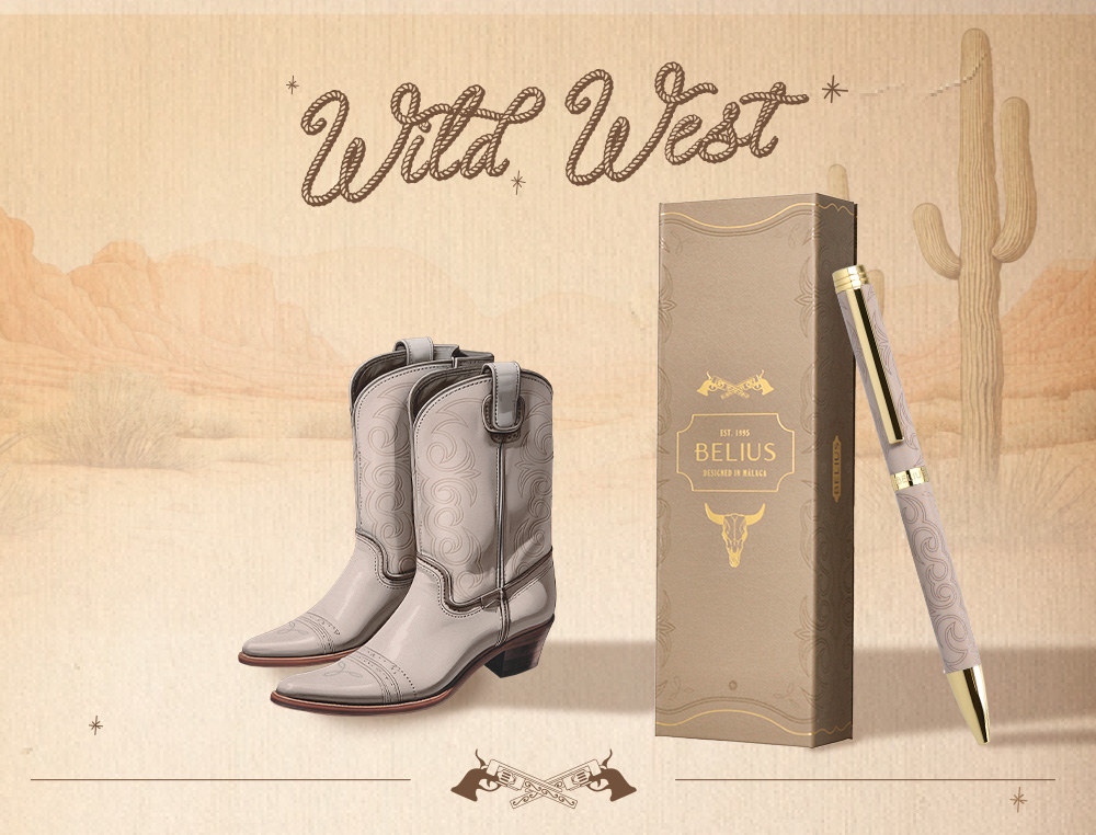 BOLIGRAFO BELIUS WILD WEST ALUMINIO COLOR BEIGE DORADO TINTA COLOR AZUL CAJA DE DISEO
