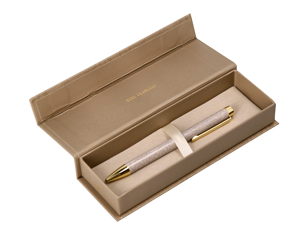BOLIGRAFO BELIUS WILD WEST ALUMINIO COLOR BEIGE DORADO TINTA COLOR AZUL CAJA DE DISEO