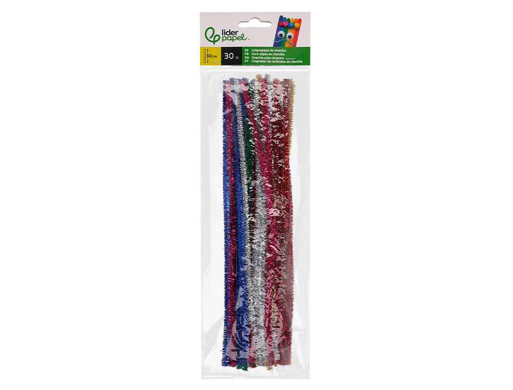 LIMPIAPIPAS DE CHENILLA LIDERPAPEL 30 CM COLORES BRILLANTES SURTIDOS BOLSA DE 30 UNIDADES
