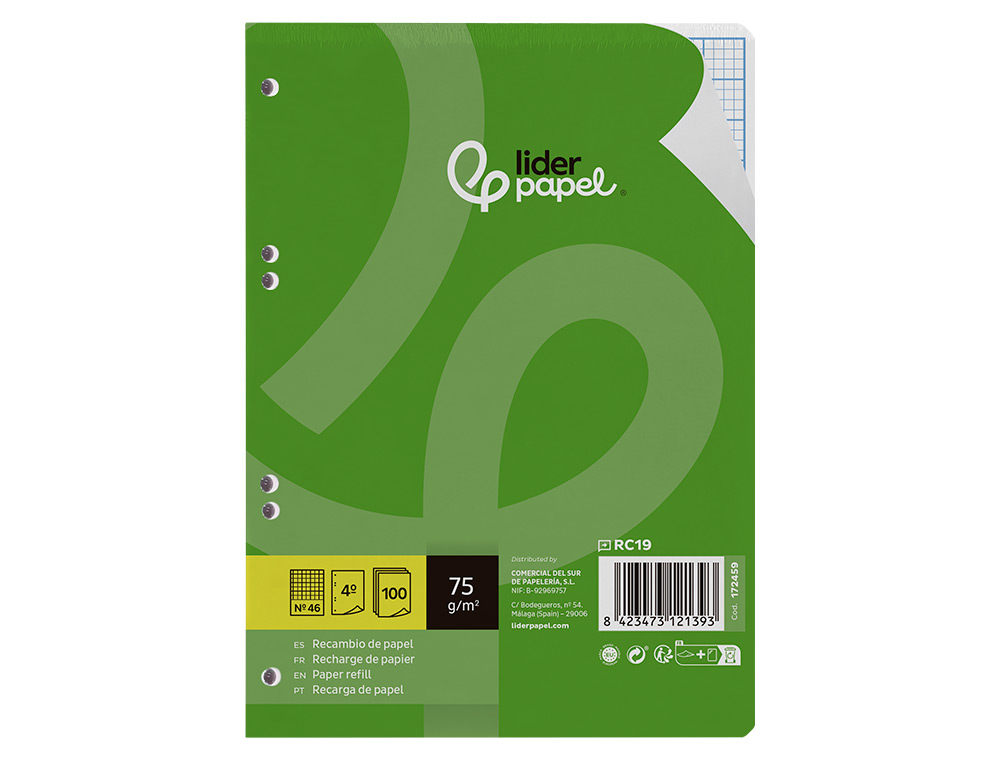 RECAMBIO LIDERPAPEL DIN A5 100 HOJAS 75GR RAYADO Nº 46 6 TALADROS