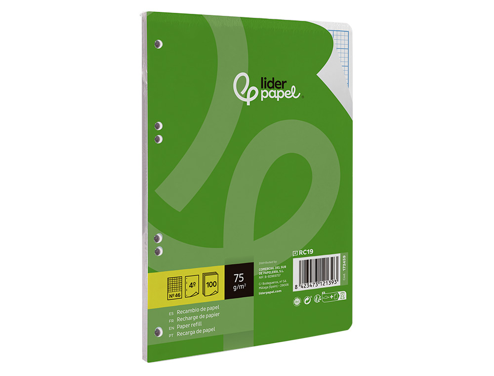 RECAMBIO LIDERPAPEL DIN A5 100 HOJAS 75GR RAYADO Nº 46 6 TALADROS