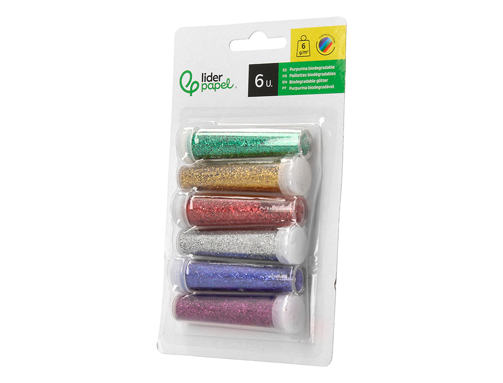 PURPURINA LIDERPAPEL BIODEGRADABLE FANTASIA BOTE DE 6 GR COLORES METALICOS SURTIDOS BLISTER DE 6