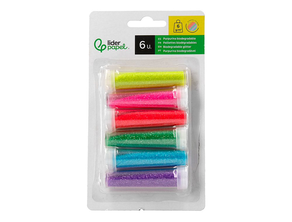 PURPURINA LIDERPAPEL BIODEGRADABLE FANTASIA BOTE DE 6 GR COLORES METALICOS PASTELES SURT BLISTER DE 6 UND