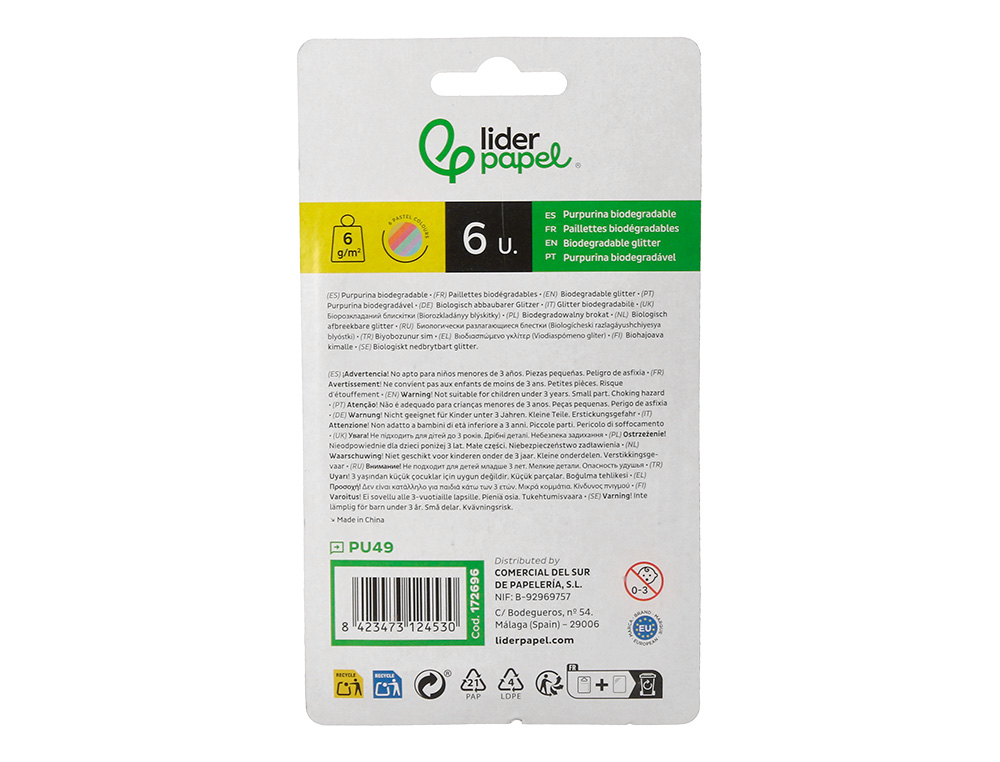 PURPURINA LIDERPAPEL BIODEGRADABLE FANTASIA BOTE DE 6 GR COLORES METALICOS PASTELES SURT BLISTER DE 6 UND