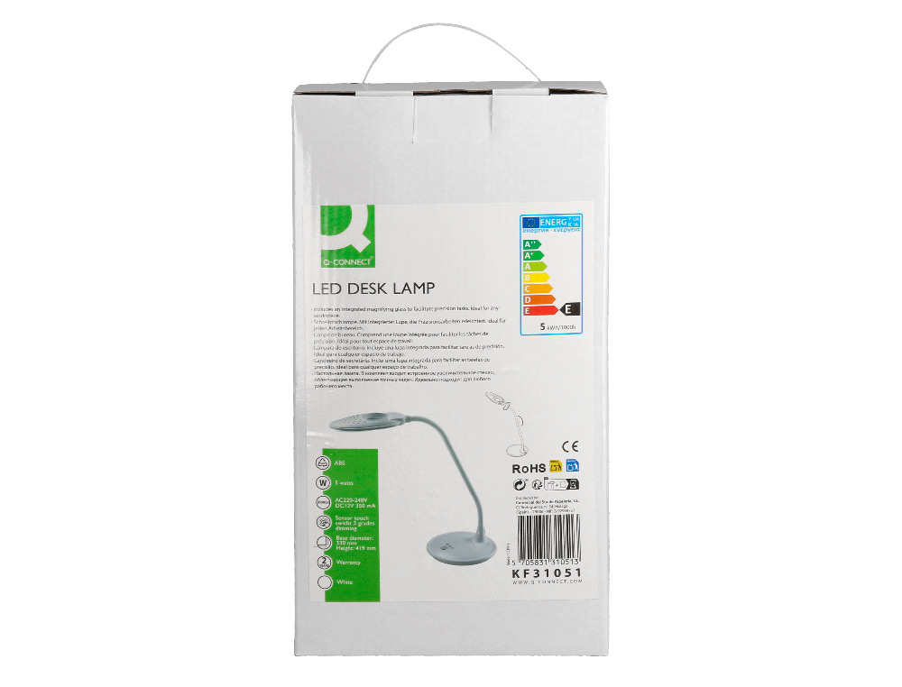 LAMPARA DE OFICINA Q-CONNECT SOBREMESA PROFESIONAL ABS 18 LEDS 5W INTERRUPTOR SENSOR 3 NIVELES CON LUPA COLOR BLANCO