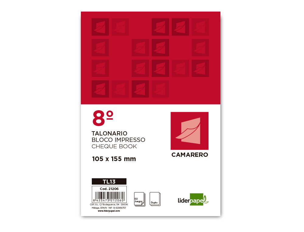 TALONARIO LIDERPAPEL CAMARERO 8 ORIGINAL Y COPIA TL13
