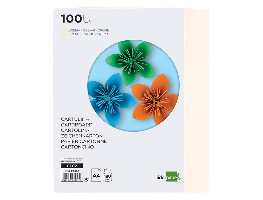 CARTULINA LIDERPAPEL A4 180G/M2 CREMA PAQUETE DE 100 HOJAS