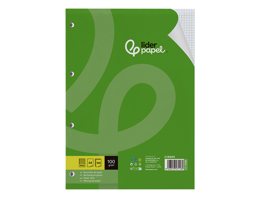 RECAMBIO LIDERPAPEL A4 100 HOJAS 100GR CUADRO 4MM CON M ARGEN 4 TALADROS