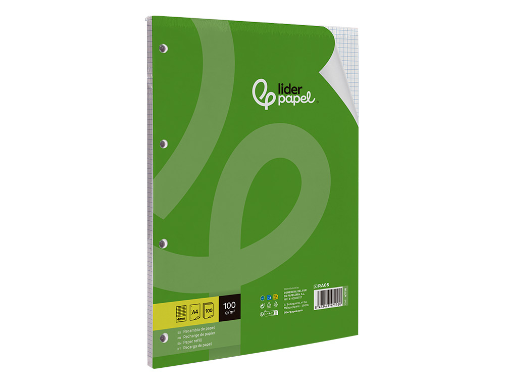 RECAMBIO LIDERPAPEL A4 100 HOJAS 100GR CUADRO 4MM CON M ARGEN 4 TALADROS