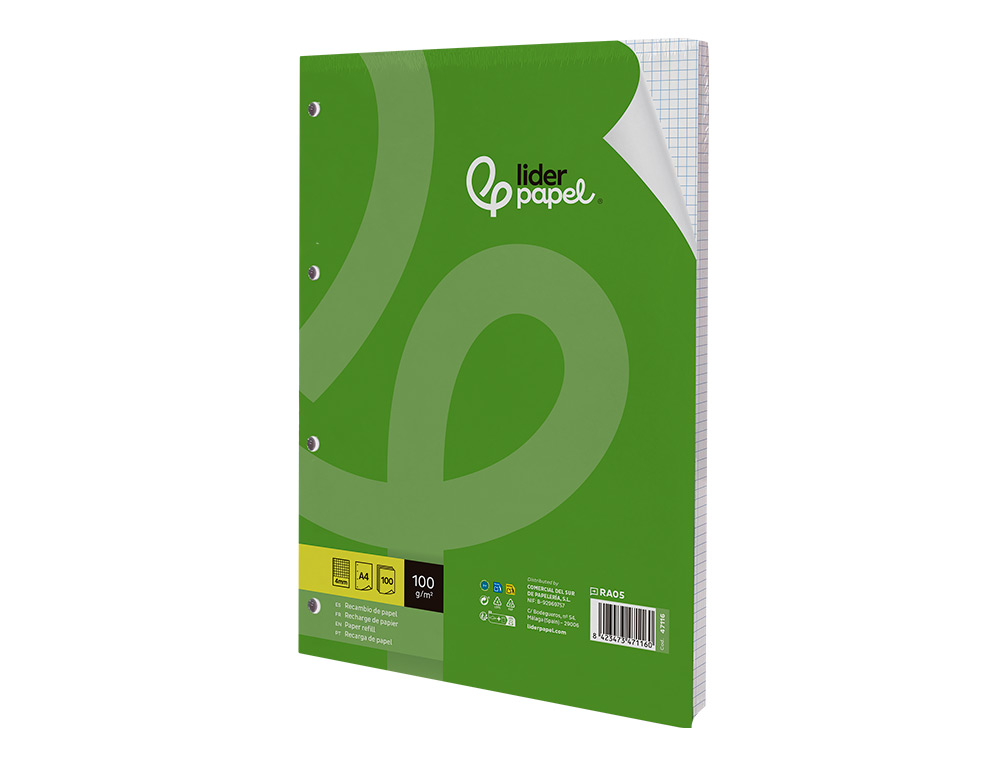 RECAMBIO LIDERPAPEL A4 100 HOJAS 100GR CUADRO 4MM CON M ARGEN 4 TALADROS