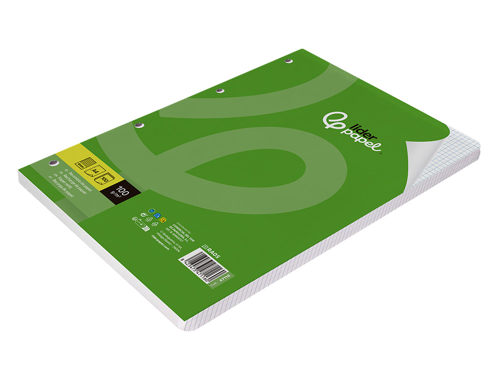 RECAMBIO LIDERPAPEL A4 100 HOJAS 100GR CUADRO 4MM CON M ARGEN 4 TALADROS