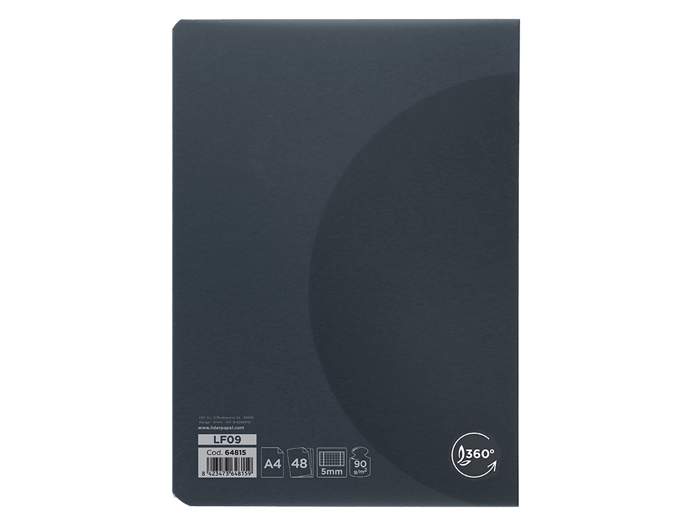 LIBRETA LIDERPAPEL 360 TAPA DE PLASTICO A4 48 HOJAS 90G/M2 5MM CON DOBLE MARGEN TAPA NEGRA