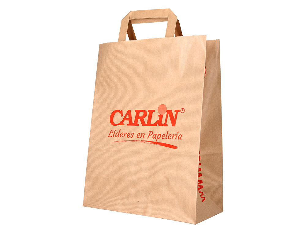 BOLSA KRAFT VERJURADO ASA PLANA CARLIN 26X12X35 CM 90 GR CAJA DE 250 UNIDADES