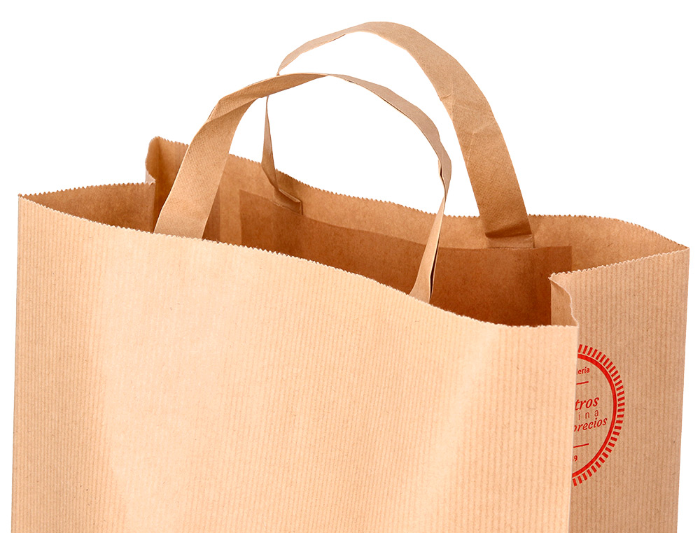 BOLSA KRAFT VERJURADO ASA PLANA CARLIN 26X12X35 CM 90 GR CAJA DE 250 UNIDADES
