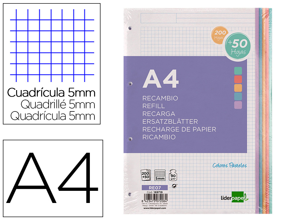 RECAMBIO LIDERPAPEL A4 200+50 HOJAS 90GR CUADRO 5MM 4 TALADROS BANDAS DE 5 COLORES