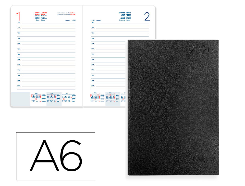 AGENDA ENCUADERNADA LIDERPAPEL CORFU A6 2026 DIA PAGINA NEGRO PAPEL 60 GR FSC