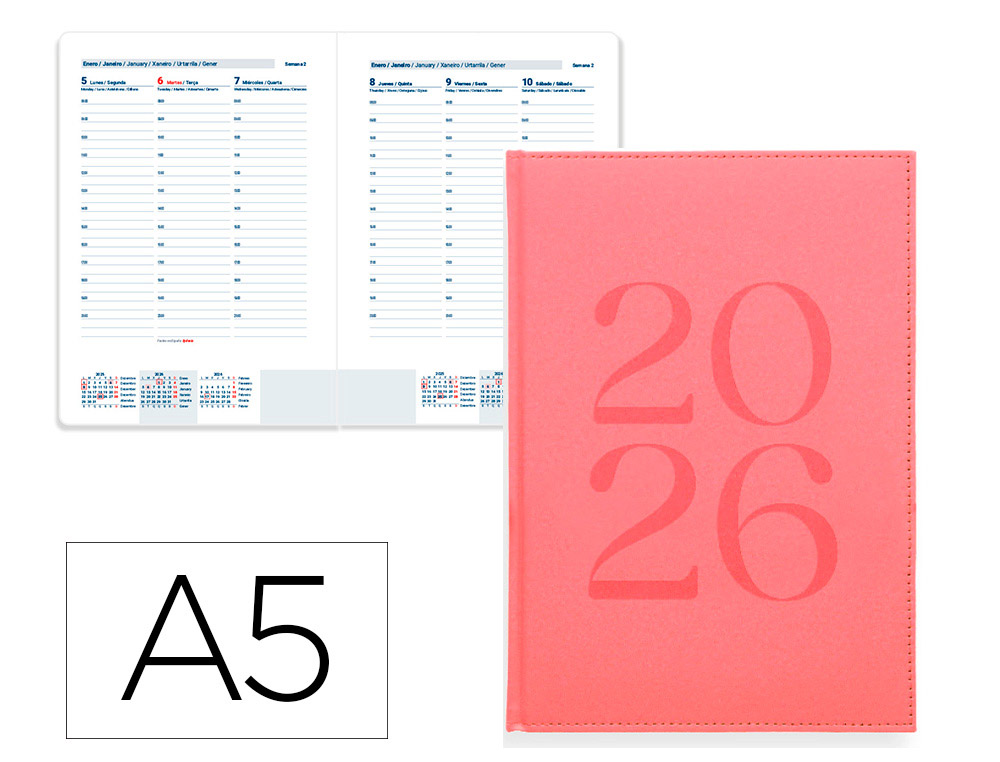 AGENDA ENCUADERNADA LIDERPAPEL CRETA 150X210 MM 2026 SEMANA VISTA ROSA PAPEL 70 GR FSC