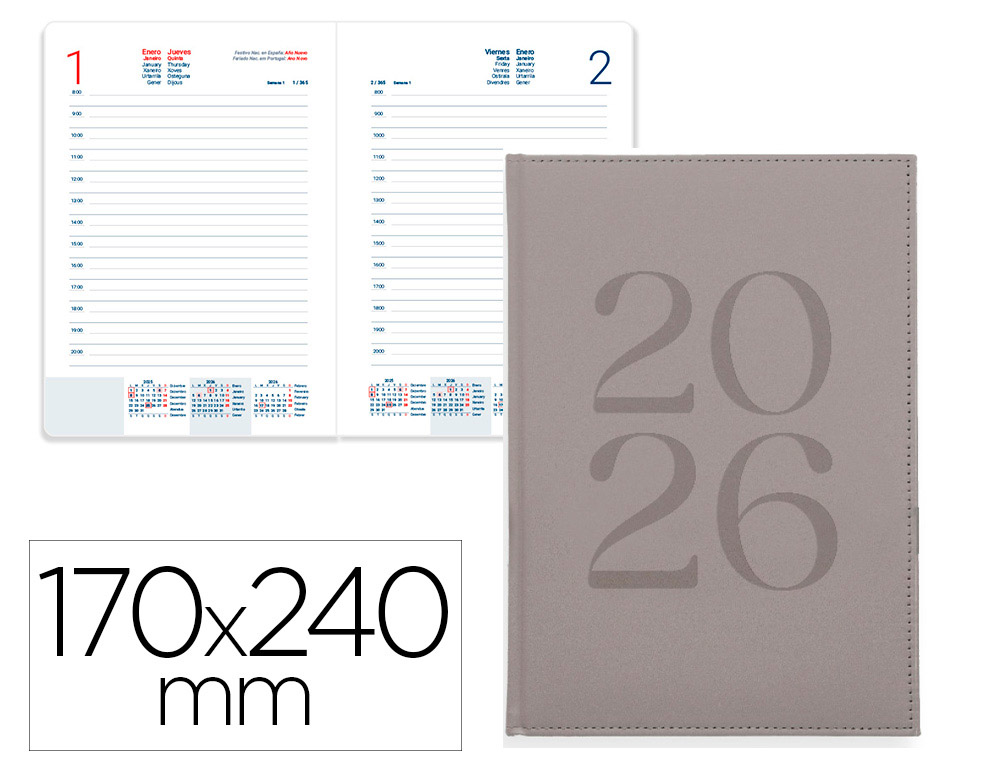 AGENDA ENCUADERNADA LIDERPAPEL CRETA 170X240 MM 2026 DIA PAGINA GRIS PAPEL 70 GR FSC