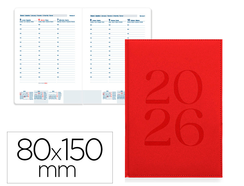 AGENDA ENCUADERNADA LIDERPAPEL CRETA 80X150 MM 2026 SEMANA VISTA AZUL PAPEL 70 GR FSC