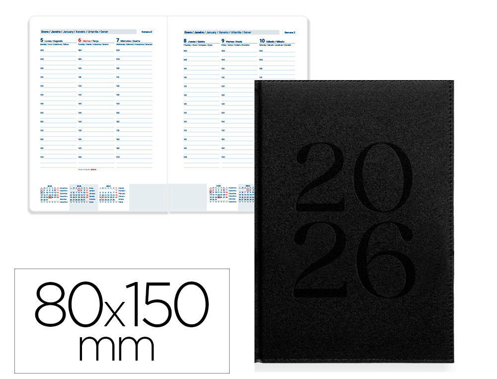 AGENDA ENCUADERNADA LIDERPAPEL CRETA 80X150 MM 2026 SEMANA VISTA NEGRO PAPEL 70 GR FSC
