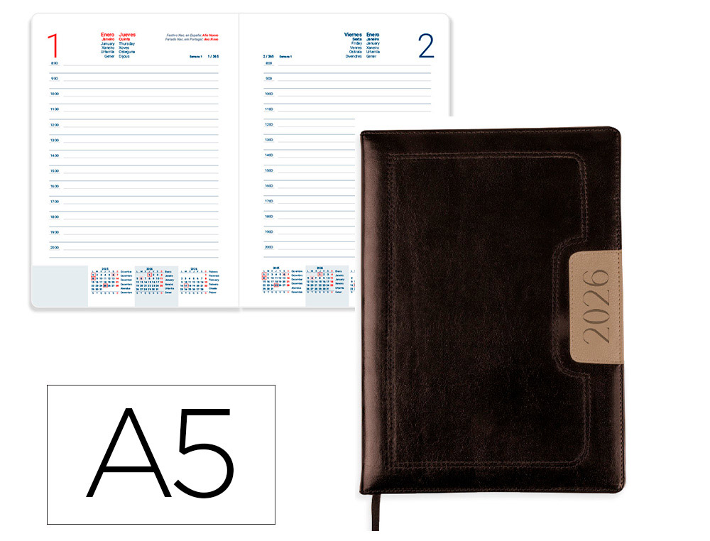 AGENDA ENCUADERNADA LIDERPAPEL DORIOS 150X210 MM 2026 DIA PAGINA NEGRO PAPEL 70 GR FSC
