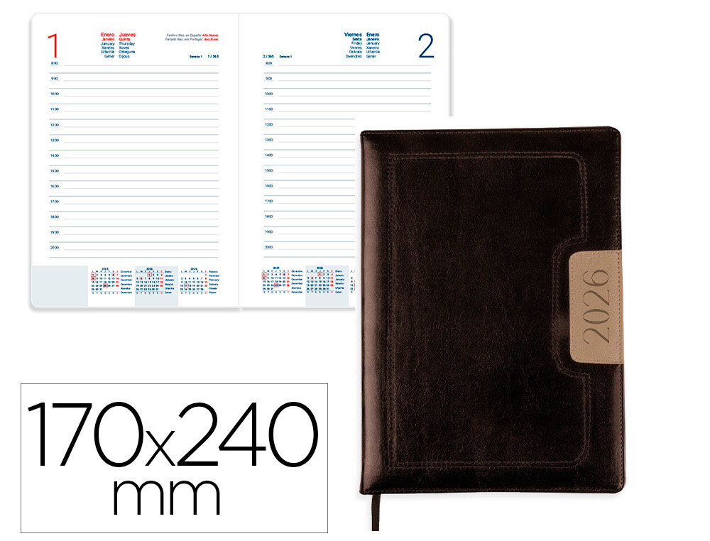 AGENDA ENCUADERNADA LIDERPAPEL DORIOS 170X240 MM 2026 DIA PAGINA NEGRO PAPEL 70 GR FSC