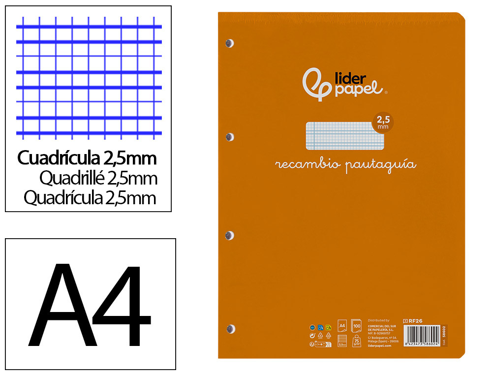 RECAMBIO LIDERPAPEL A4 PAUTAGUIA 100 HOJAS 75GR CUADRICULADO PAUTADO 2,5MM CON MARGEN 4 TALADROS