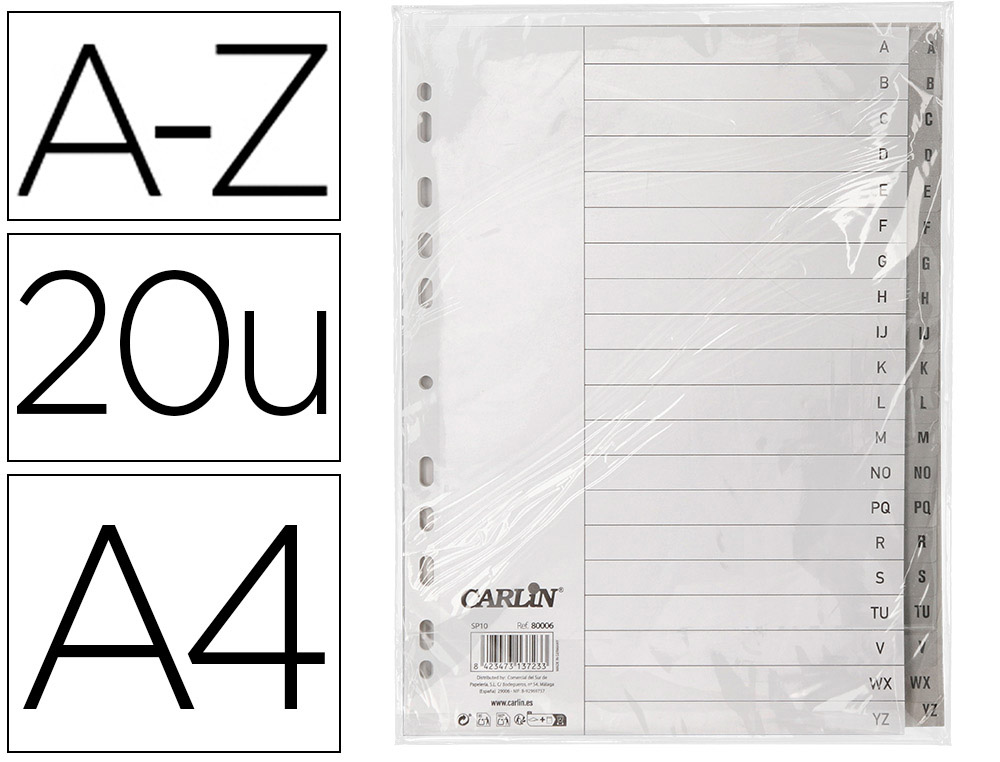 SEPARADOR ALFABETICO CARLIN PLASTICO A-Z DIN A4 MULTITALADRO