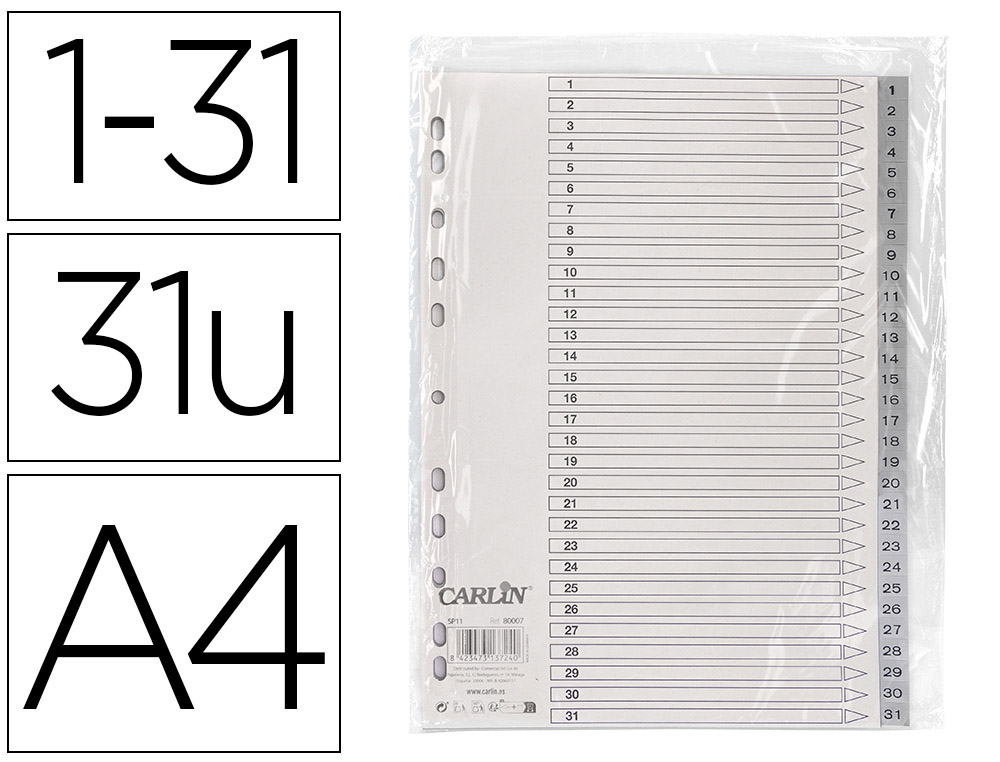 SEPARADOR NUMERICO CARLIN PLASTICO 1-31 JUEGO DE 31 SEPARADORES DIN A4 MULTITALADRO
